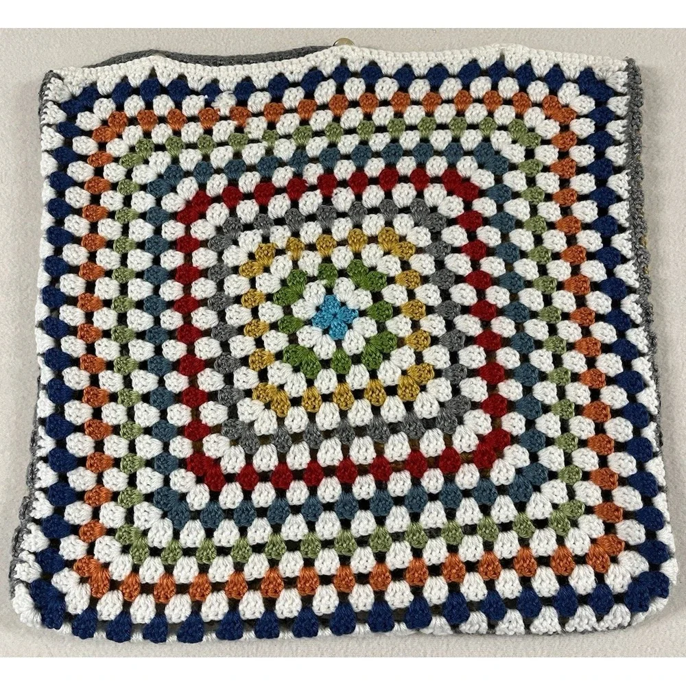 Crochet Pillow Sham Square Colorful Rainbow Handmade Cottage Boho Granny‎ Artsy